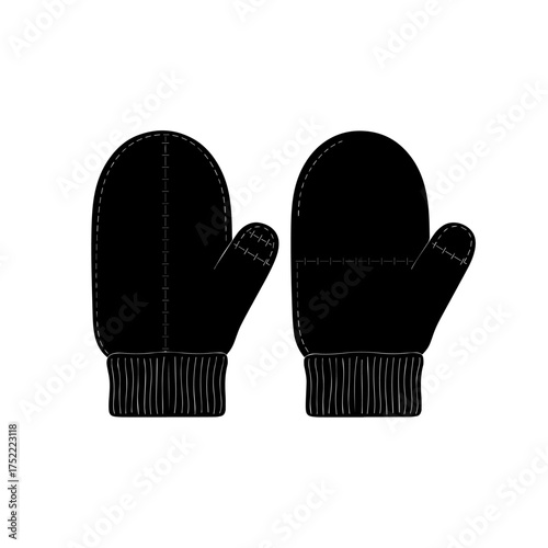 Pair of classic black mittens with ribbed cuffs, simple winter handwear.
