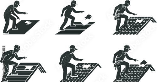 Black and white roof inspection illustration, damaged shingles, flat and pitched roofs, construction worker, safety gear, repair tools, maintenance activity, home care