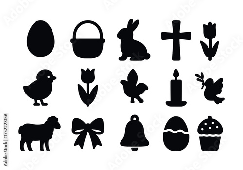 Easter icon collection: eggs, bunny, cross, lamb, tulip, chick, dove, basket, candle, symbols