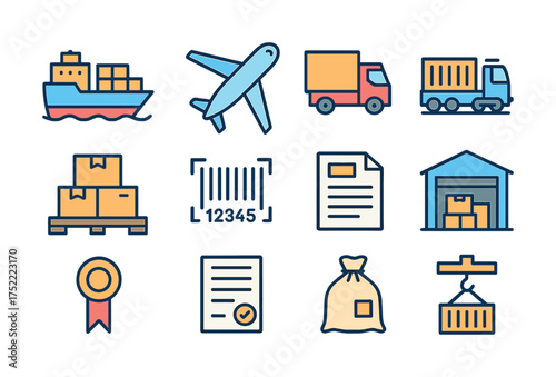 Logistics icons: shipping, cargo, and transportation elements
