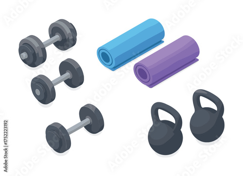 Dumbbells, kettlebells, and yoga mats for home workout equipment