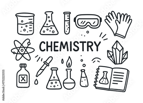 Chemistry symbols: beaker, test tube, goggles, gloves, atom, crystal, and open book illustration