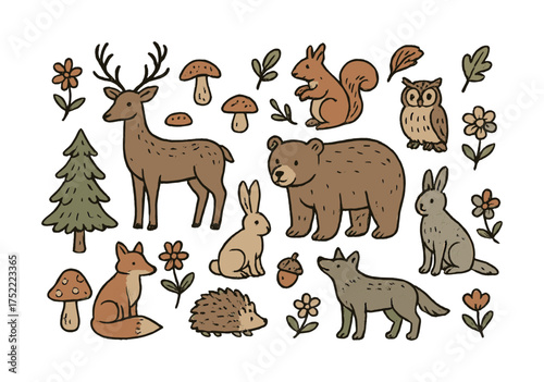Woodland creatures and plants: deer, bear, fox, owl, mushrooms, flowers, trees
