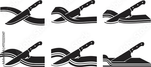 Black and white chef knife illustration, slicing techniques, curved surfaces, culinary precision, kitchen tool motion, food preparation, blade dynamics, cooking concept