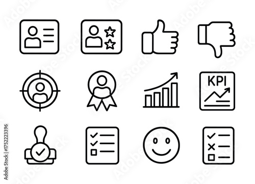 Vector line icons: id badges, ratings, feedback, performance, approval, evaluation