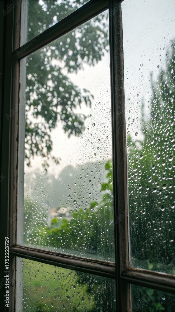 Naklejka premium Raindrops window pane looking out at lush green garden cloudy day