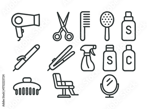 Hair styling tools icons set: scissors, comb, hair dryer, hairbrush, bottles