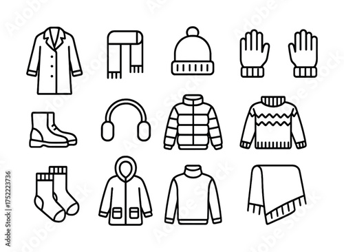 Winter essentials icons: coats, sweaters, scarves, hats, gloves, boots