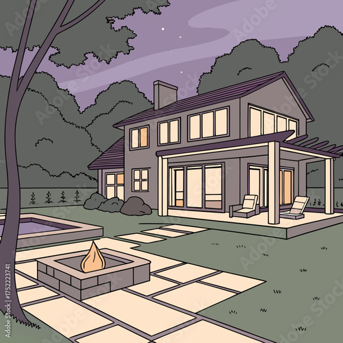 Modern home with backyard pool and fire pit at twilight