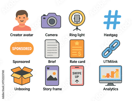 Social media icons set featuring camera, hashtag, and creator avatar
