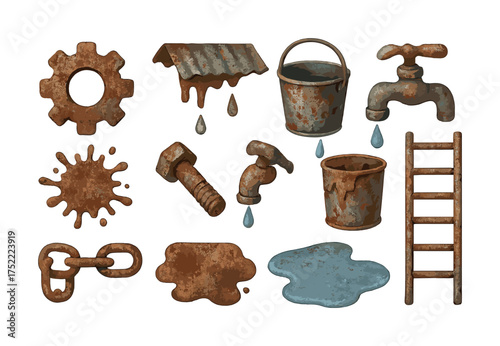Rusty metal objects collection: gears, buckets, and tools