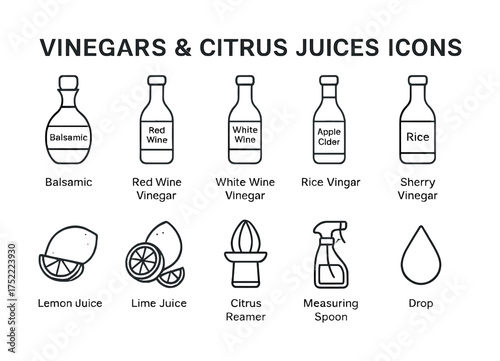 Vinegars and citrus juices icons set featuring bottles and citrus slices