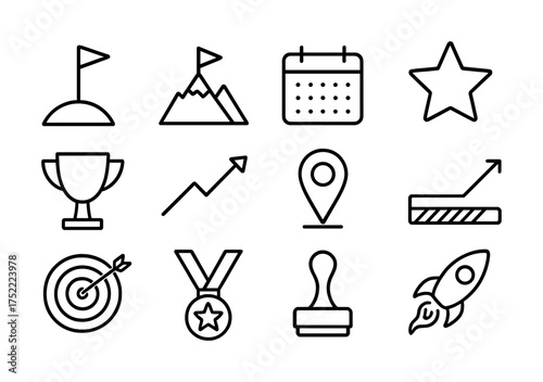 Achievement icons: trophy, medal, rocket, calendar, target, graphs