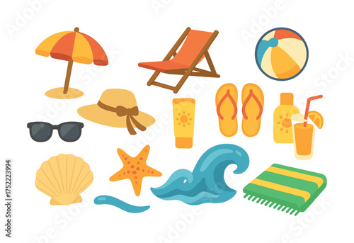 Summer beach essentials: umbrella, chair, ball, sunglasses, shell, towel, juice