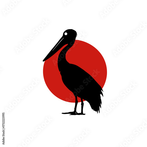 Black heron silhouette against a red circle on a white background