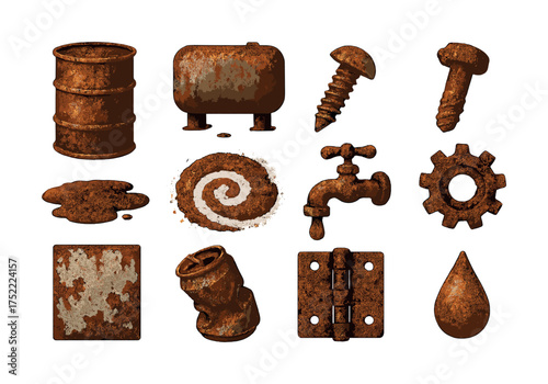 Collection of rusty objects including barrel and gear on white background