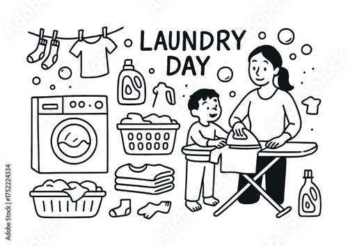 Mother and child doing laundry: cartoon illustration of household chores