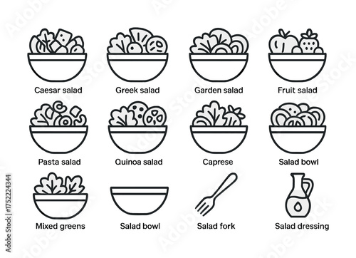 Assorted salad icon set including caesar, greek, garden, fruit, pasta, and quinoa