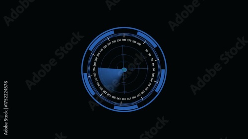 Blue radar screen animation rotating target detection tracking system 4k seamless. Animated blue radar screen rotating target acquisition hud interface sci fi 4k loop.