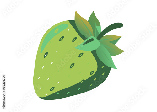 Single Fresh Strawberry with Green Leaves on White Background: Vibrant Natural Fruit. vector icon