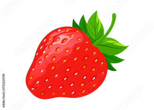 Single Fresh Strawberry with Green Leaves on White Background: Vibrant Natural Fruit. vector icon