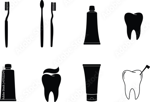 Dental hygiene icons, toothbrush, toothpaste, tooth care, oral health symbols, black and white vector set, clean teeth, dental tools