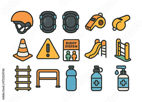 Colorful set of safety equipment and signs for outdoor activities and sports
