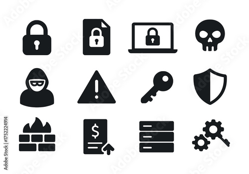 Cybersecurity icons: lock, shield, firewall, hacker, warning symbols for digital safety