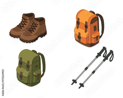 Isometric hiking gear: boots, backpacks, and trekking poles on white background