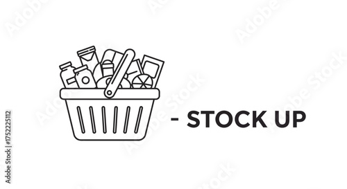 Grocery Shopping Basket Full of Products and Text Stock Up.