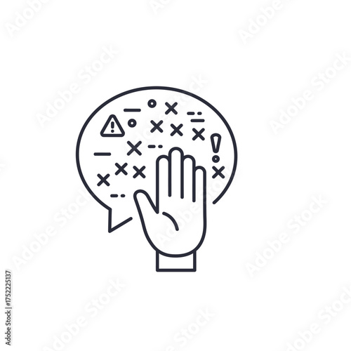 Hand gesture blocking a speech bubble of confusing symbols.