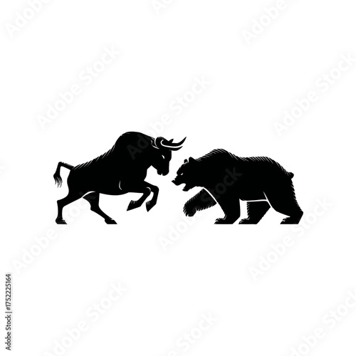 Bull and Bear Market financial stock exchange concept illustration. Investment growth versus decline, economic trends and trading.
