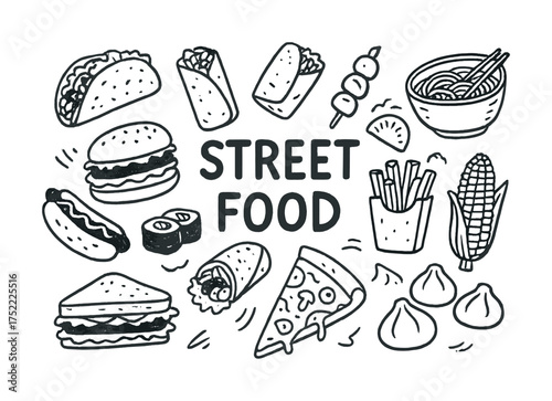 Street food doodles: burgers, tacos, pizza, fries, dumplings, and more