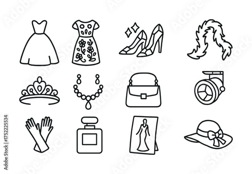 Elegant fashion icons: dress, accessories, jewelry, and footwear outline collection