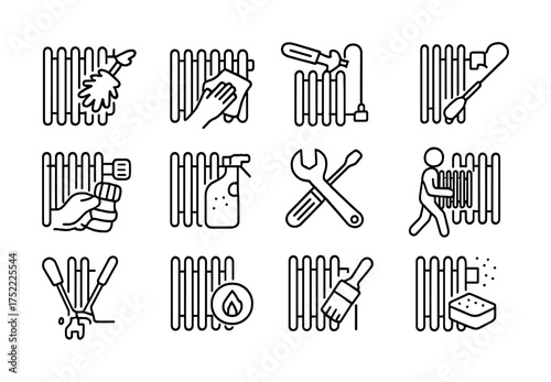 Radiator maintenance icons set including cleaning and repair tools