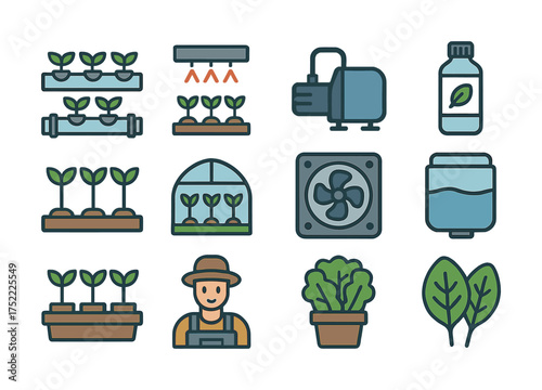 Hydroponics garden icons: tools, plants, and equipment for indoor gardening