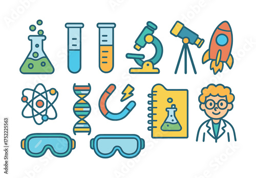 Collection of colorful science icons featuring laboratory equipment and scientist