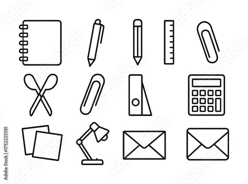 Line art icons of office supplies including notepad, pen, ruler, and calculator