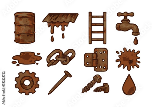 Rusty metal objects collection: barrel, ladder, faucet, gears, screws, and stains