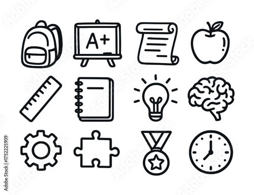 Education icons set: backpack, blackboard, scroll, apple, ruler, notebook, lightbulb, brain, gear, puzzle, medal, clock