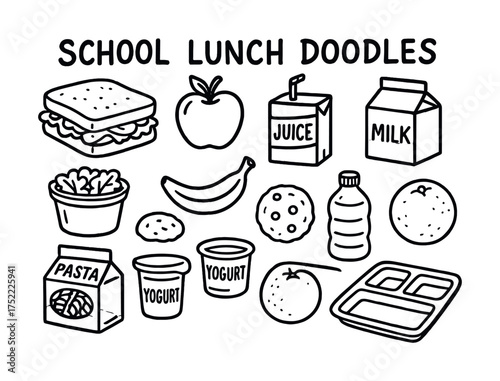 School lunch doodles: sandwich, fruit, and drink illustrations