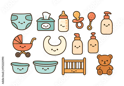 Cute baby care icons featuring diapers, bottles, and toys for newborn essentials