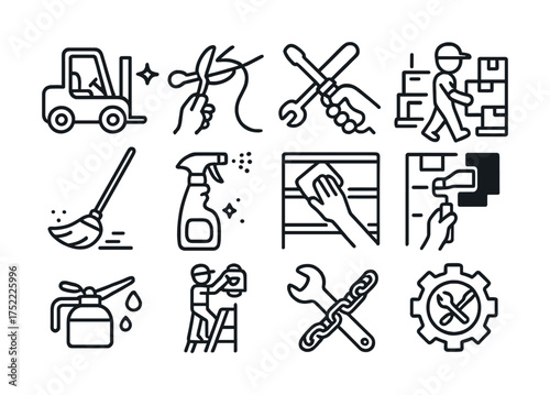 Icon set: forklift, maintenance tools, cleaning supplies, worker, repair gear