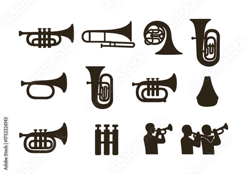 Silhouettes of brass instruments and musicians in various poses