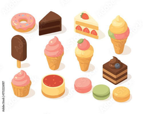 Assorted desserts and sweets collection including cake, ice cream, cupcake, and macarons
