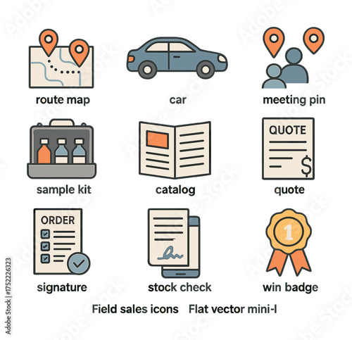 Field sales icons: route map, car, meeting pin, sample kit, catalog, quote, order, signature, stock check, win badge