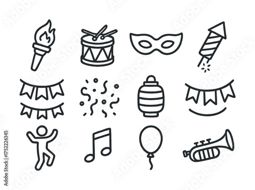 Festive icon set with torches, drums, masks, fireworks, and musical instruments