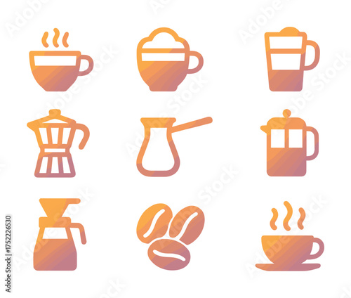Variety of coffee brewing icons: cups, pots, and beans in warm gradient