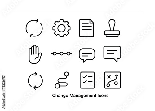 Change management icons set featuring arrows, gear, documents, and communication symbols