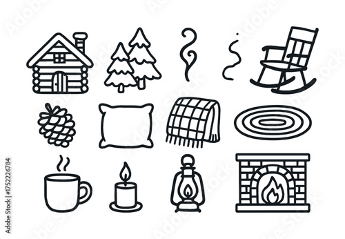 Cozy cabin elements: log house, trees, rocking chair, fireplace, and warm accessories collection